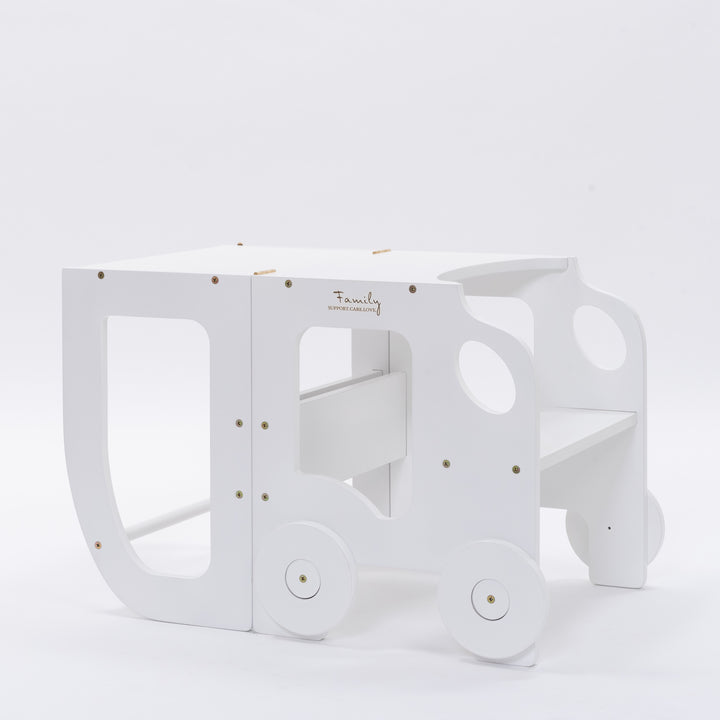 Køkkentrappe / montessori-læringstårn: bord, stol og trappe i ét til barn, hvid