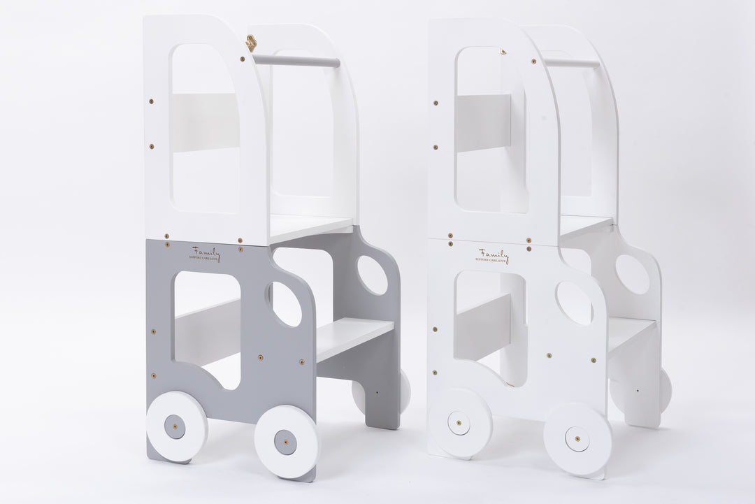 Køkkentrappe / montessori-læringstårn: bord, stol og trappe i ét til barn, hvid