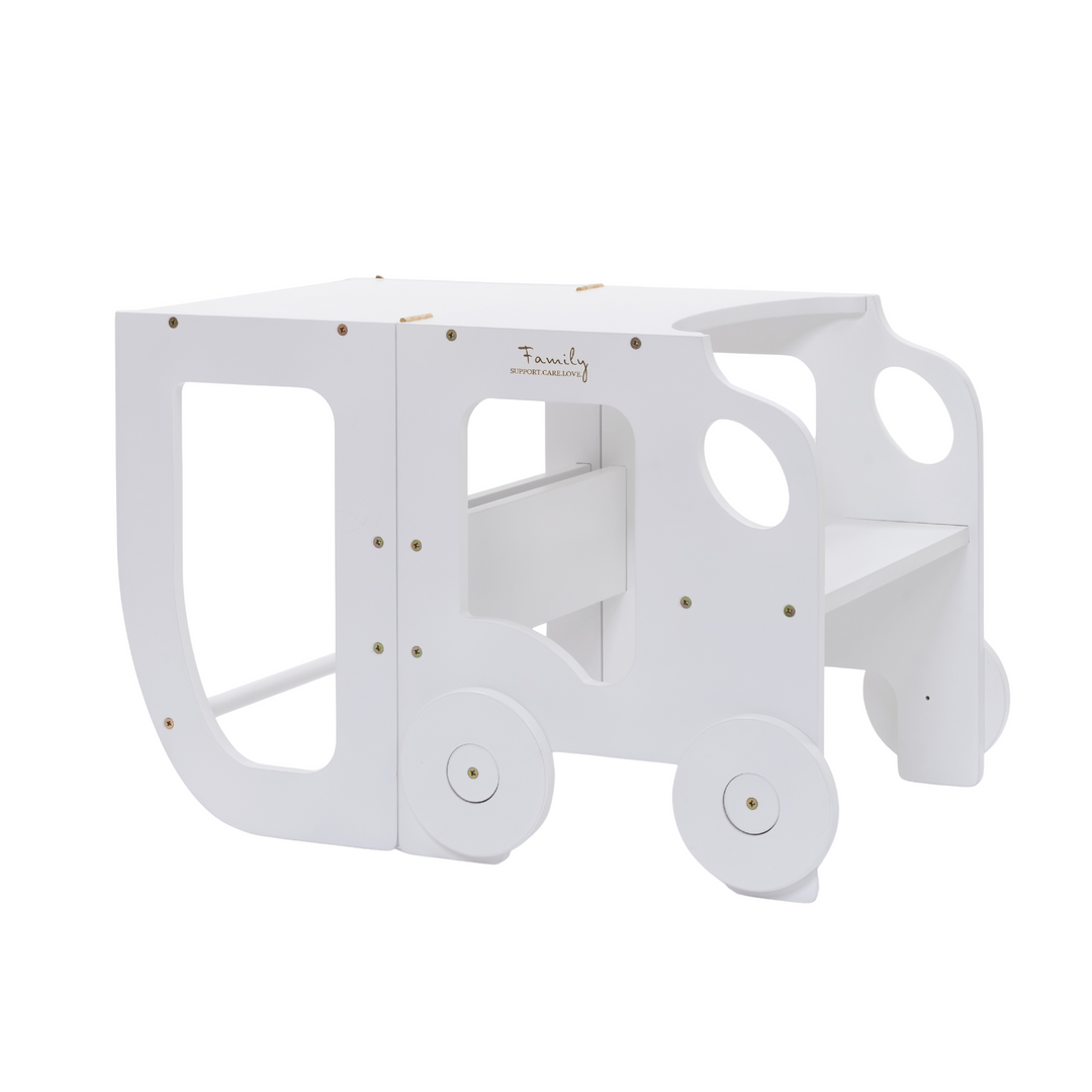 Køkkentrappe / montessori-læringstårn: bord, stol og trappe i ét til barn, hvid