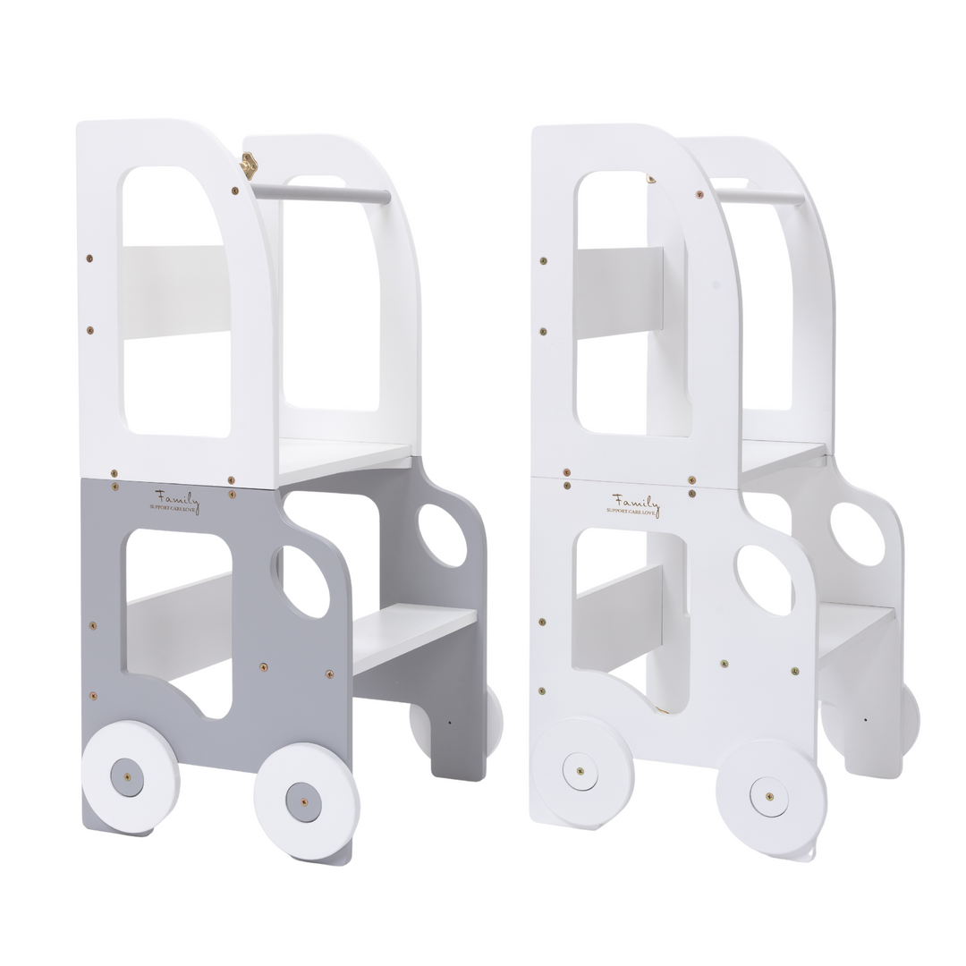 Køkkentrappe / montessori-læringstårn: bord, stol og trappe i ét til barn, hvid