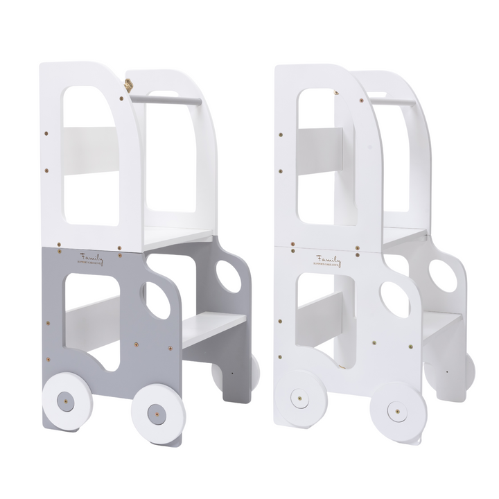 Køkkentrappe / montessori-læringstårn: bord, stol og trappe i ét til barn, hvid