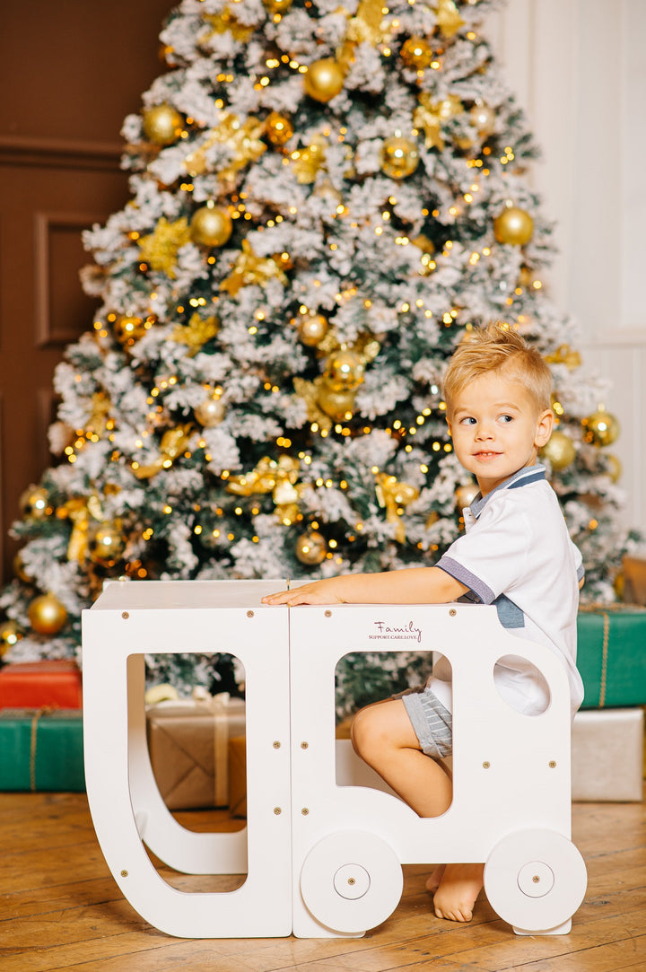 Køkkentrappe / montessori-læringstårn: bord, stol og trappe i ét til barn, hvid