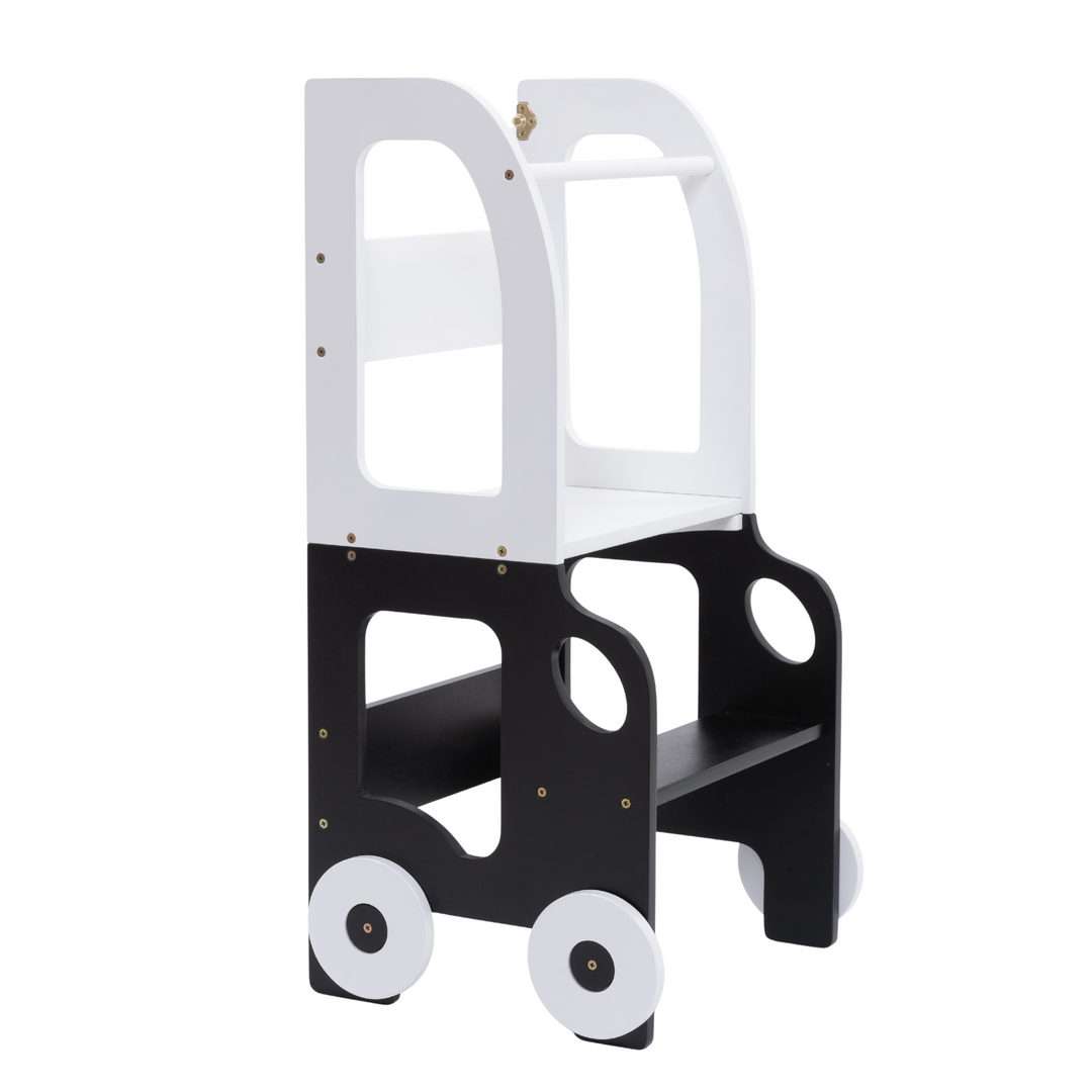 Køkkentrappe / montessori-læringstårn: bord, stol og trappe i ét til barn, hvid og sort