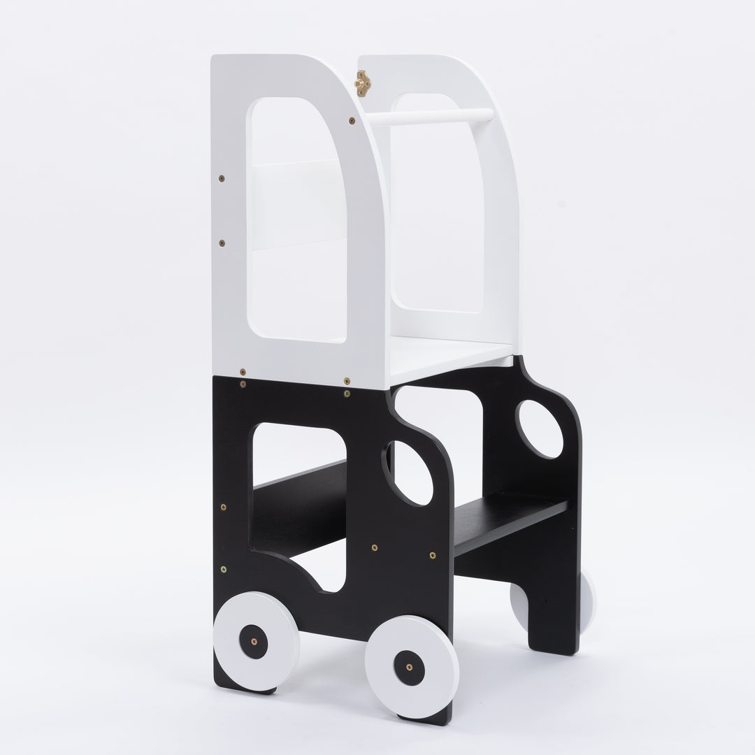 Køkkentrappe / montessori-læringstårn: bord, stol og trappe i ét til barn, hvid og sort