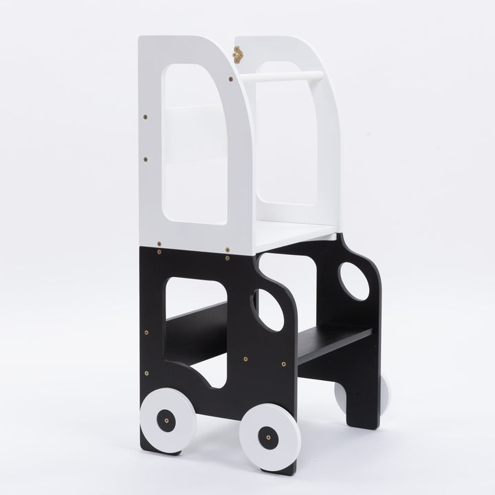 Køkkentrappe / montessori-læringstårn: bord, stol og trappe i ét til barn, hvid og sort