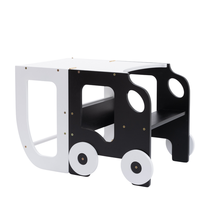 Køkkentrappe / montessori-læringstårn: bord, stol og trappe i ét til barn, hvid og sort