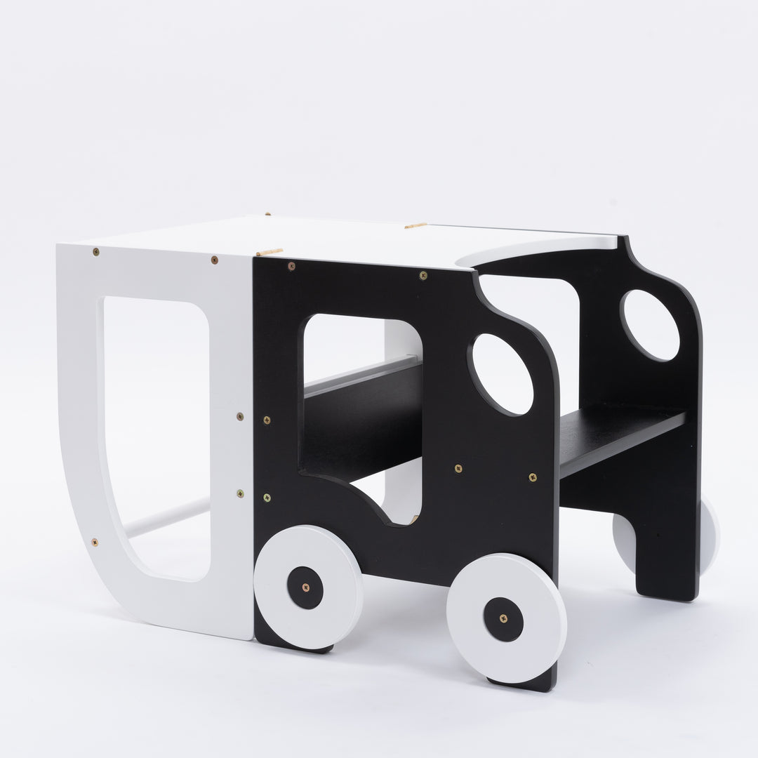 Køkkentrappe / montessori-læringstårn: bord, stol og trappe i ét til barn, hvid og sort