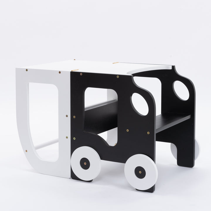 Køkkentrappe / montessori-læringstårn: bord, stol og trappe i ét til barn, hvid og sort