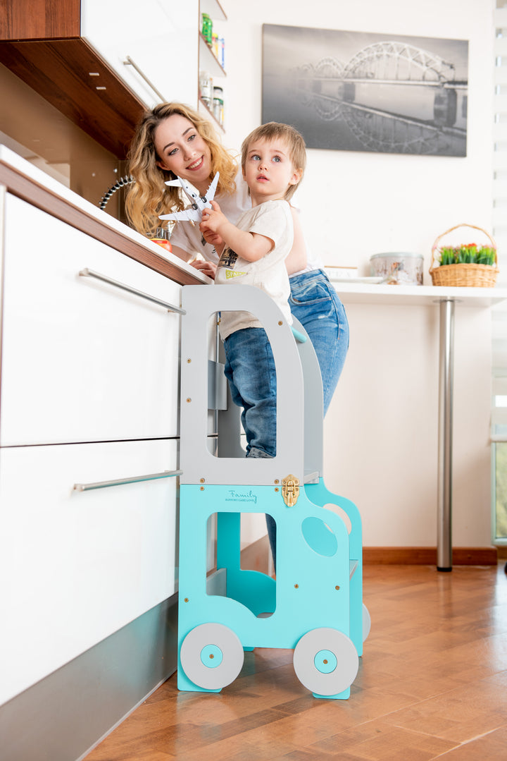 Køkkentrappe / montessori-læringstårn: bord, stol og trappe i ét til barn, blå og grå