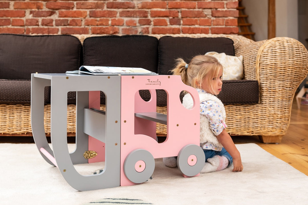 Køkkentrappe / montessori-læringstårn: bord, stol og trappe i ét til barn, pink og grå