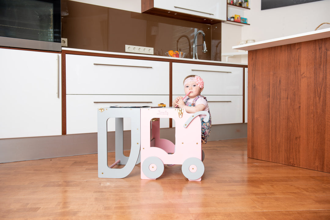 Montessori køkkentrappe til barn, pink og grå