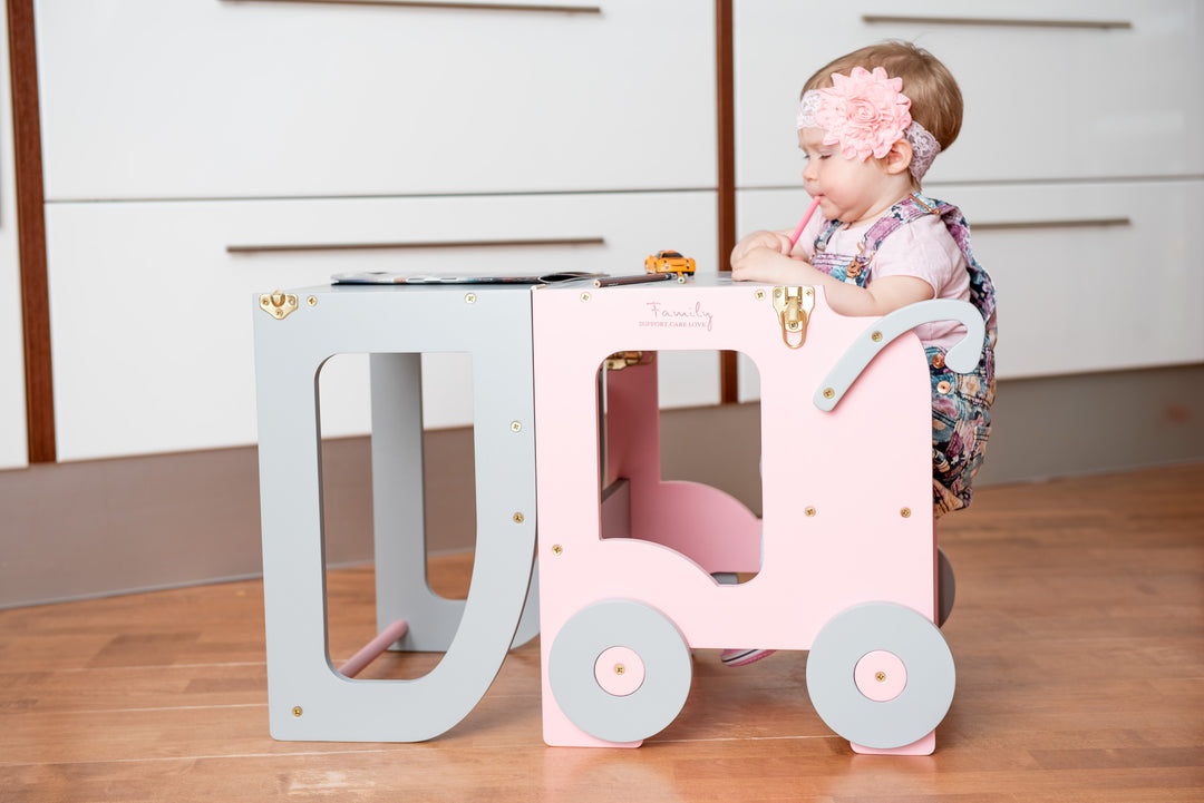 Montessori køkkentrappe til barn, pink og grå