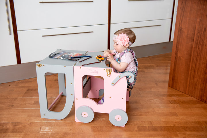 Montessori køkkentrappe til barn, pink og grå