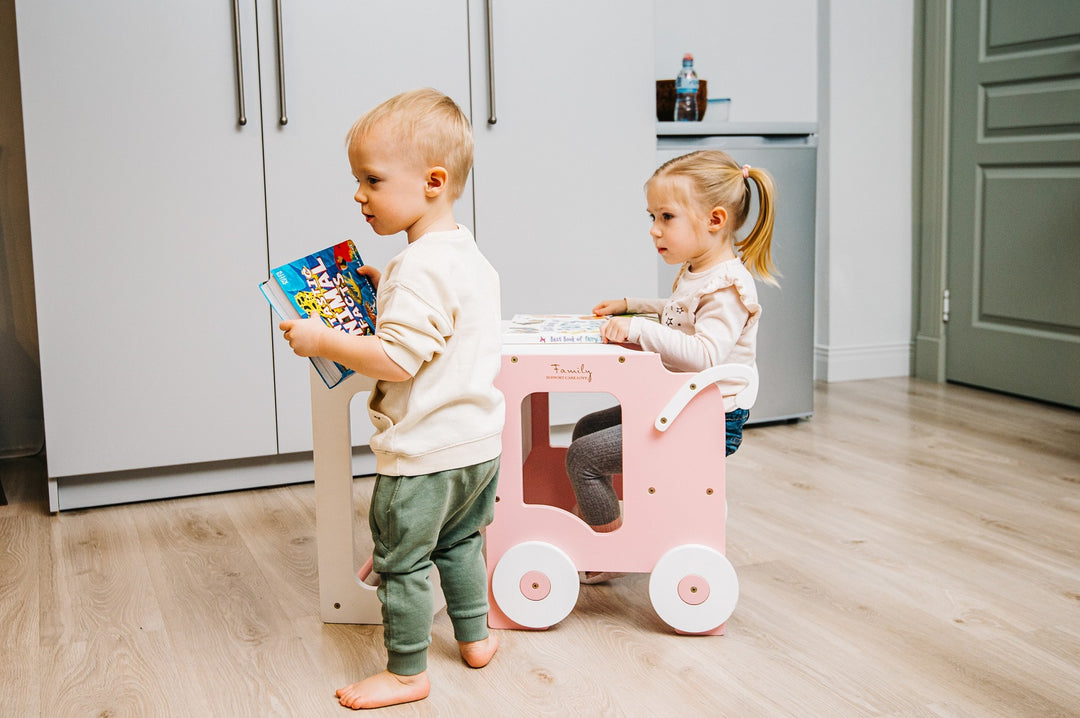 Montessori køkkentrappe til barn, pink og hvid