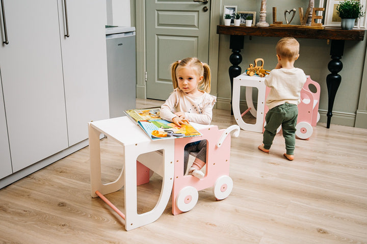 Montessori køkkentrappe til barn, pink og hvid