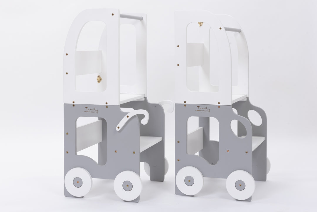 Køkkentrappe / montessori-læringstårn: bord, stol og trappe i ét til barn, hvid og grå