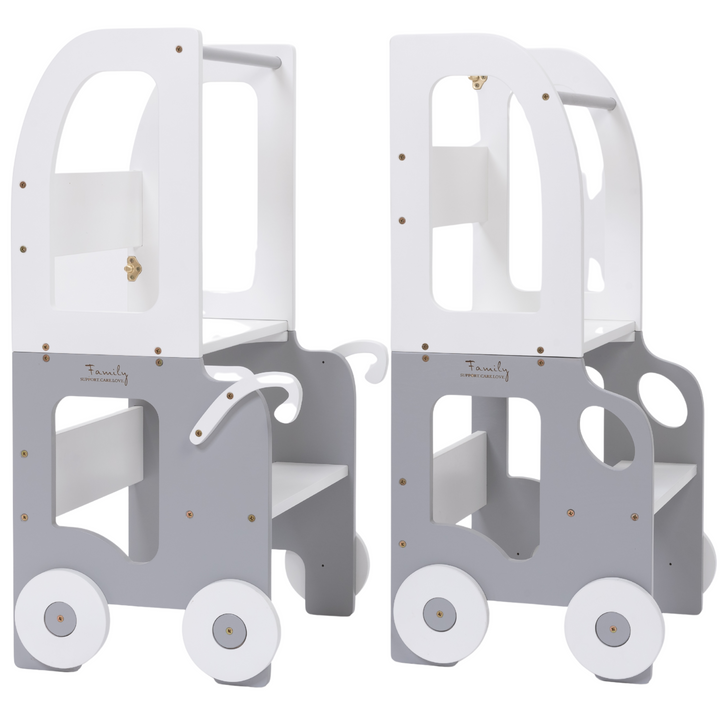 Køkkentrappe / montessori-læringstårn: bord, stol og trappe i ét til barn, hvid og grå