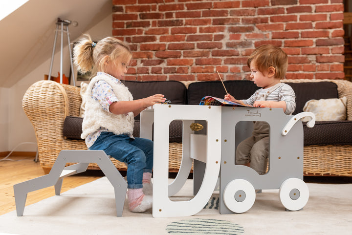 Montessori køkkentrappe til barn, hvid og grå