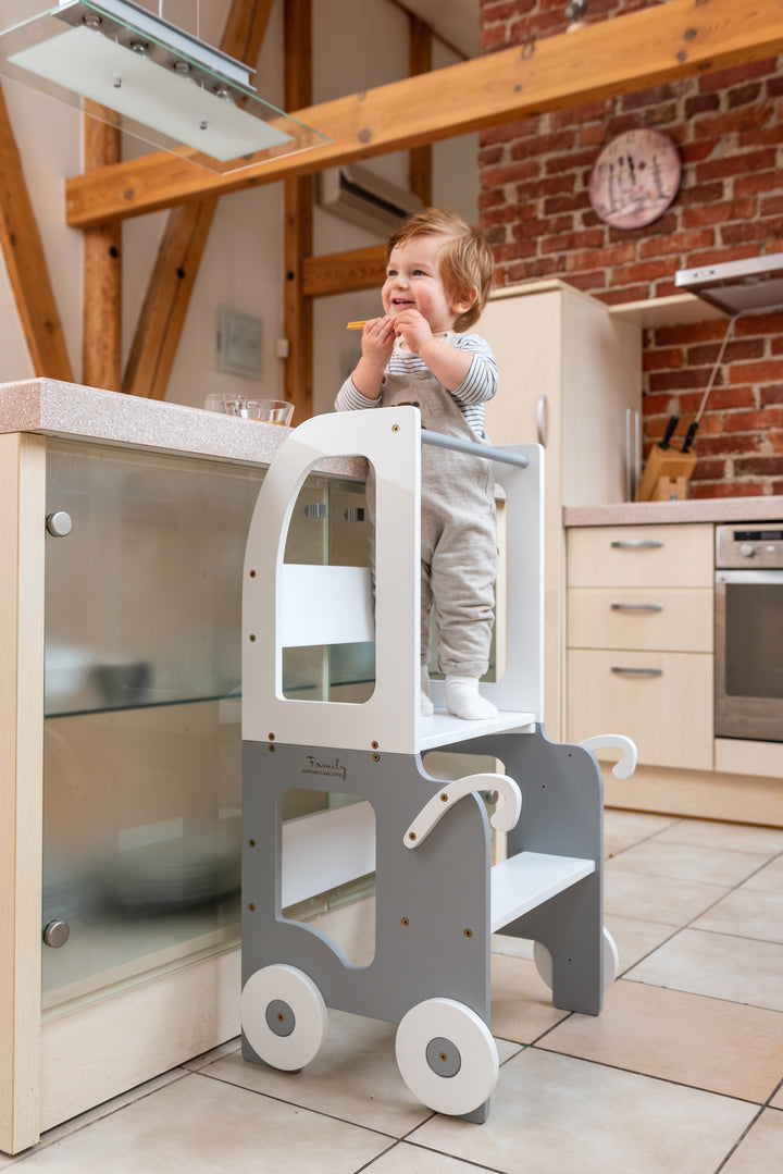 Montessori køkkentrappe til barn, hvid og grå