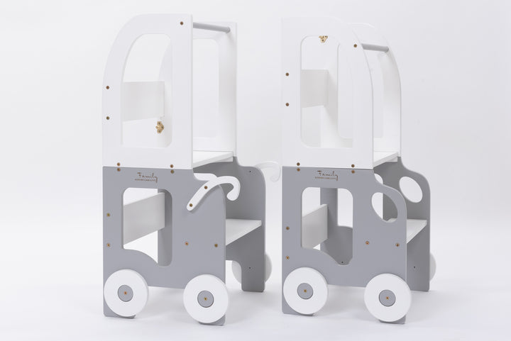 Montessori køkkentrappe til barn, hvid og grå