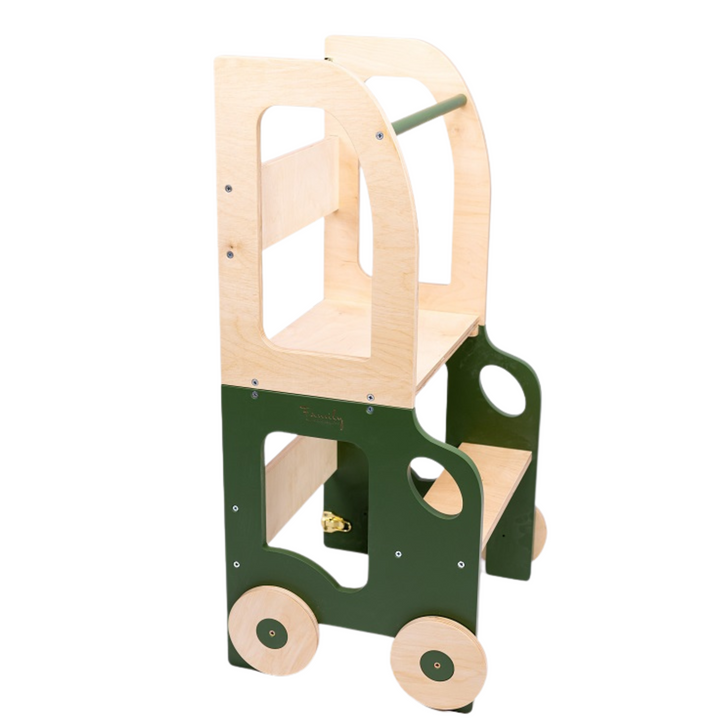 Køkkentrappe / montessori-læringstårn: bord, stol og trappe i ét til barn, khaki og naturfarvet