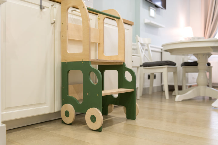 Køkkentrappe / montessori-læringstårn: bord, stol og trappe i ét til barn, khaki og naturfarvet