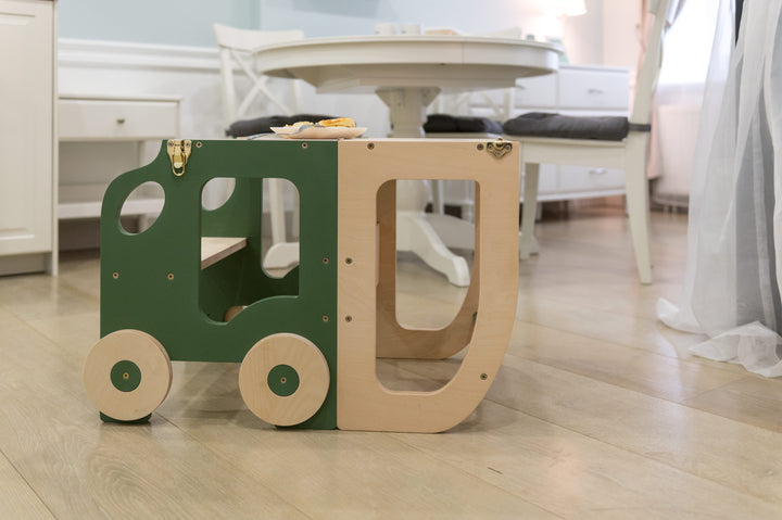 Køkkentrappe / montessori-læringstårn: bord, stol og trappe i ét til barn, khaki og naturfarvet