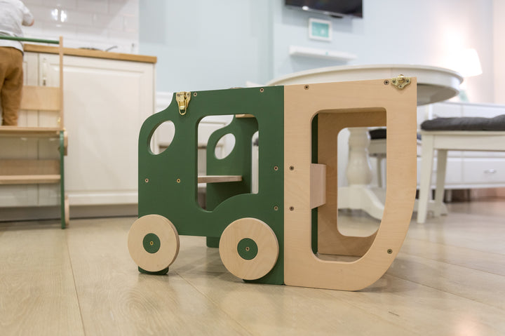 Køkkentrappe / montessori-læringstårn: bord, stol og trappe i ét til barn, khaki og naturfarvet