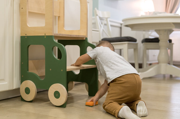 Køkkentrappe / montessori-læringstårn: bord, stol og trappe i ét til barn, khaki og naturfarvet