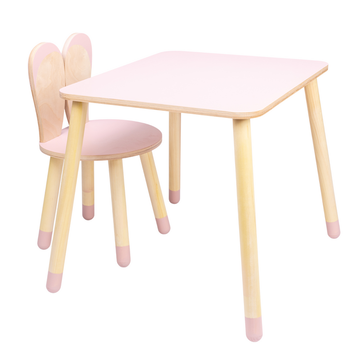 Bord og stol til barn med nuttet kaninøre-design, træ, pink