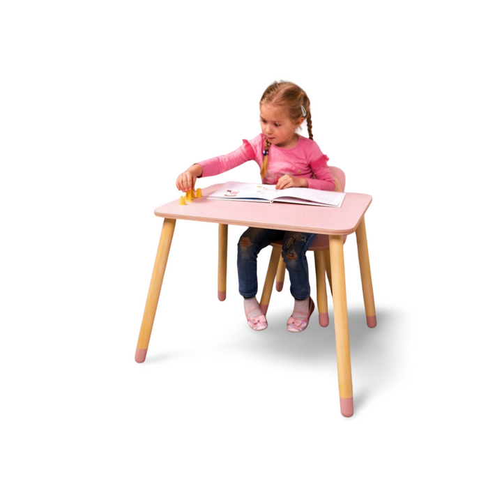 Bord og stol til barn med nuttet kaninøre-design, træ, pink