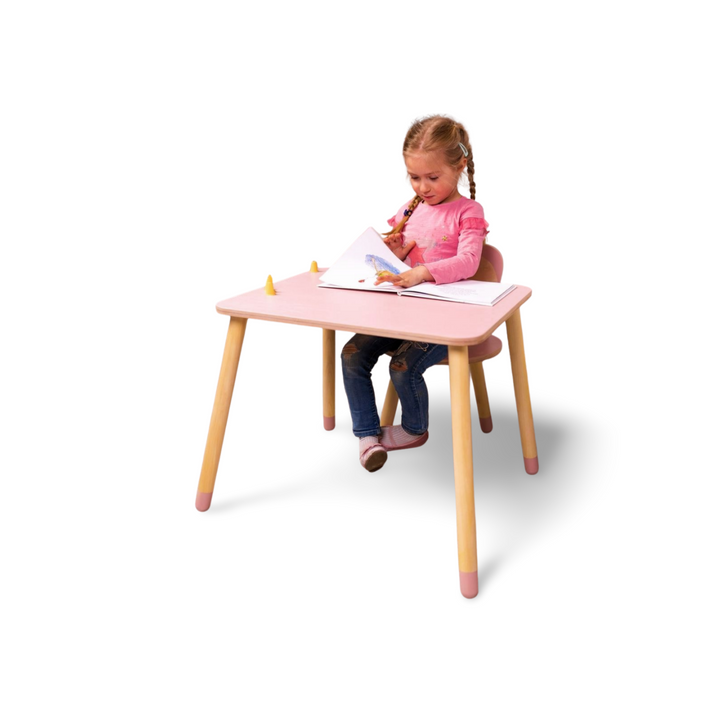 Bord og stol til barn med nuttet kaninøre-design, træ, pink