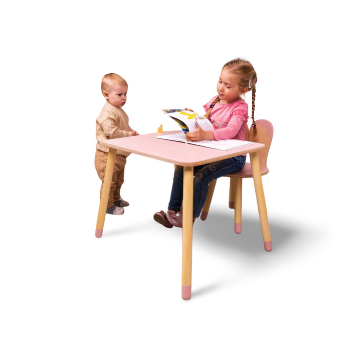 Bord og stol til barn med nuttet kaninøre-design, træ, pink
