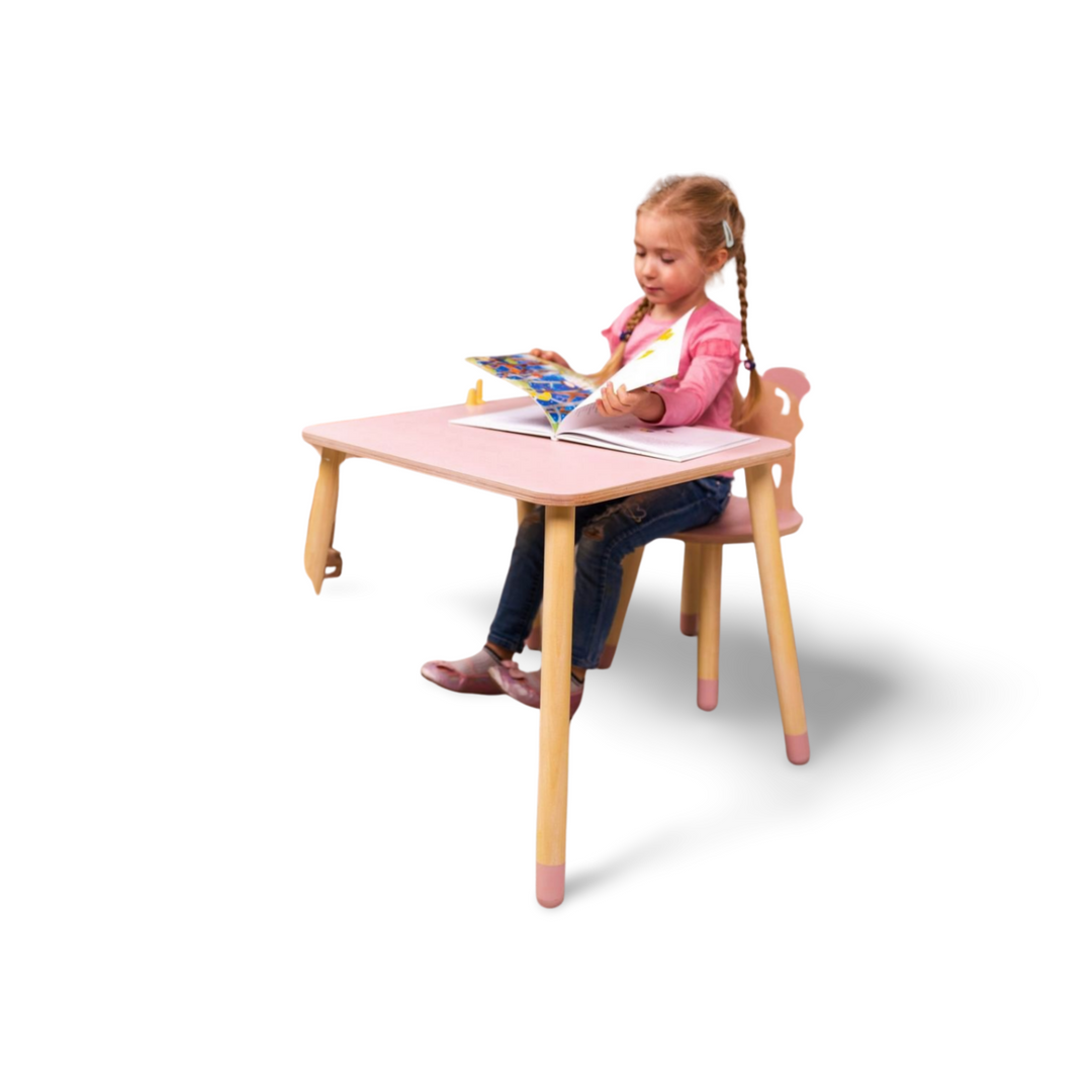 Bord og stol til barn med nuttet kaninøre-design, træ, pink
