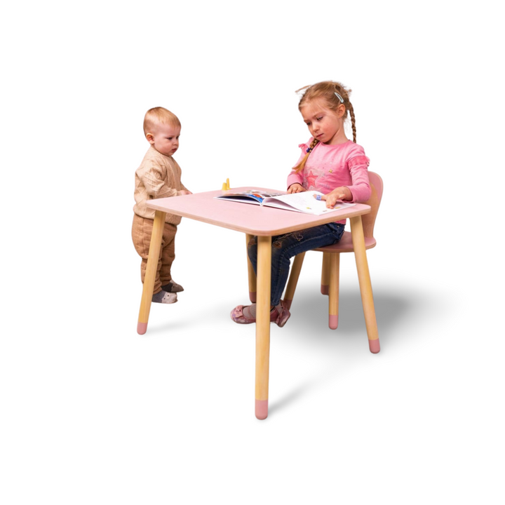 Bord og stol til barn med nuttet kaninøre-design, træ, pink