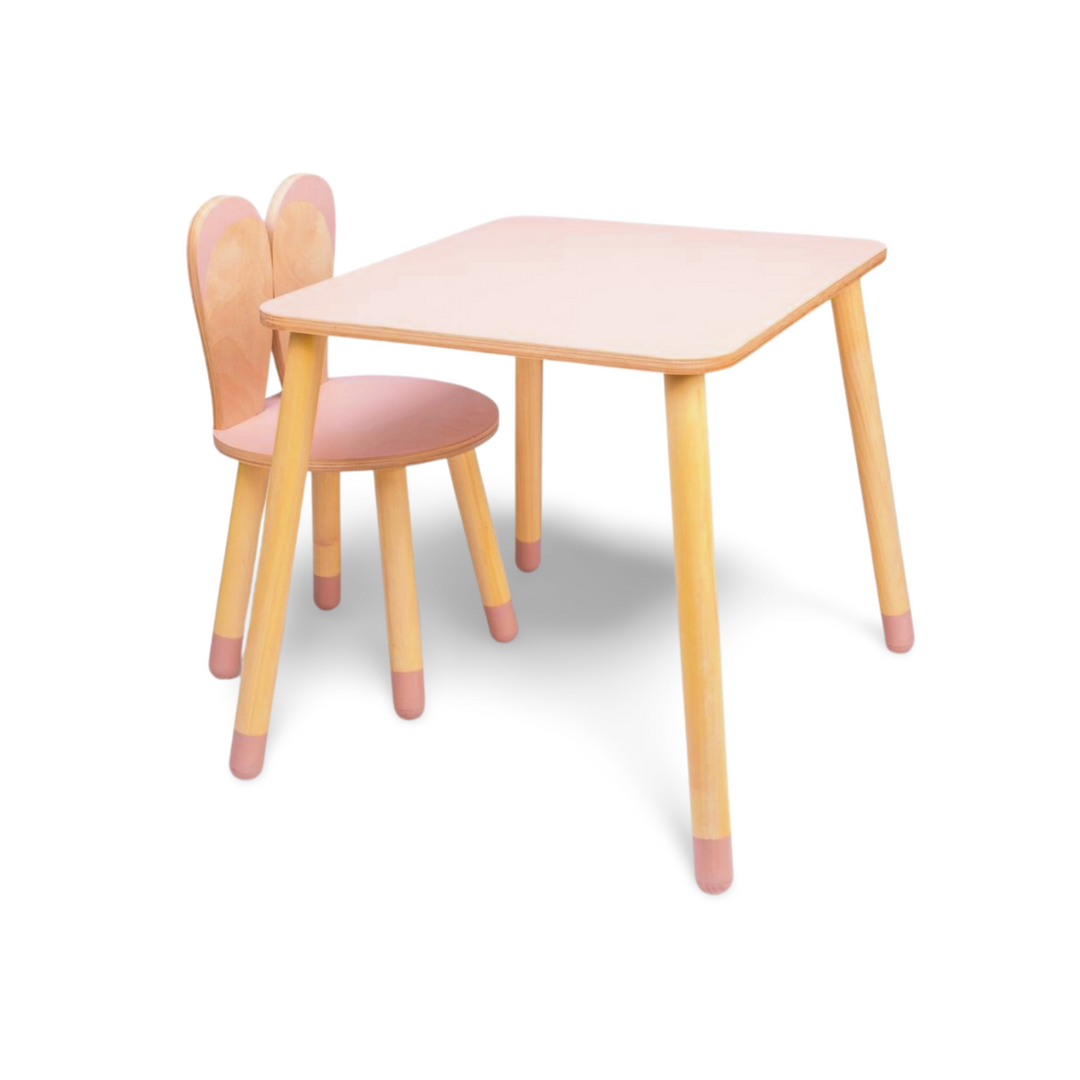 Bord og stol til barn med nuttet kaninøre-design, træ, pink