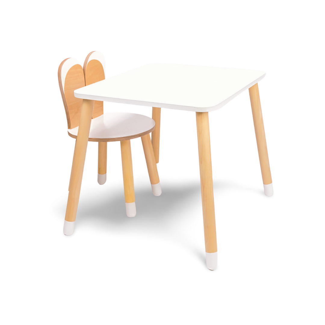 Bord og stol til barn med nuttet kaninøre-design, træ, hvid
