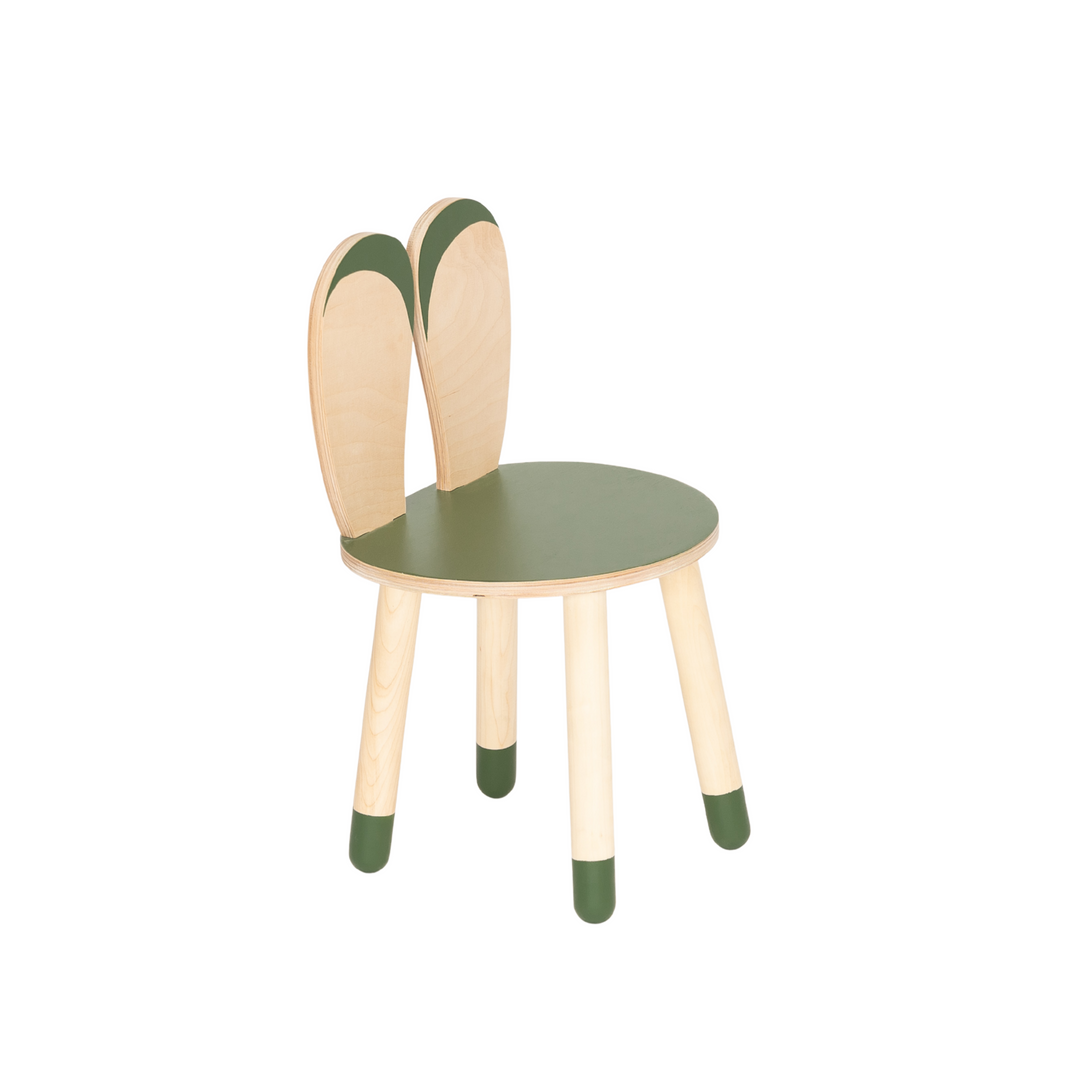 Bord og stol til barn med nuttet kaninøre-design, træ, khaki