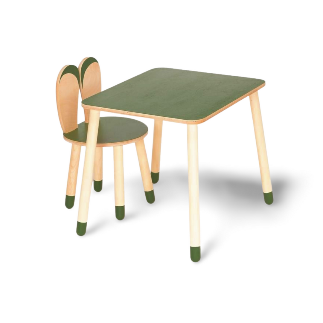 Bord og stol til barn med nuttet kaninøre-design, træ, khaki