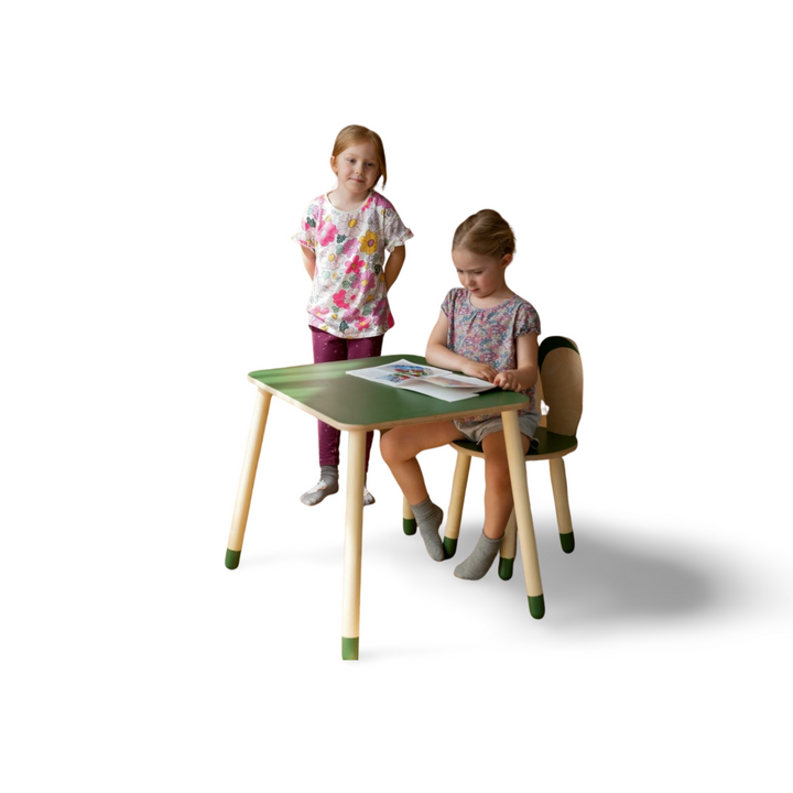 Bord og stol til barn med nuttet kaninøre-design, træ, khaki