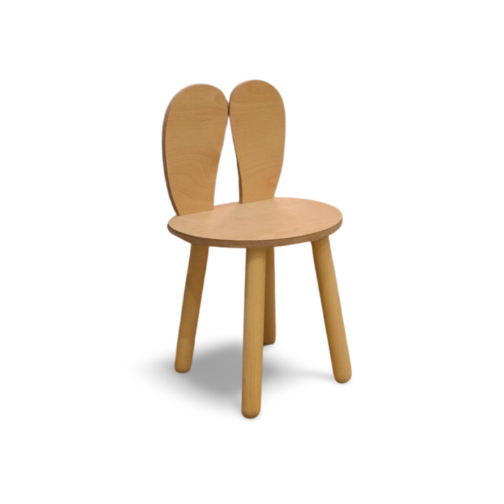 Bord og stol til barn med nuttet kaninøre-desig, naturfarvet, lakeret træ