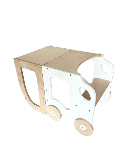 Køkkentrappe / montessori-læringstårn: bord, stol og trappe i ét til barn, hvid og naturfarvet