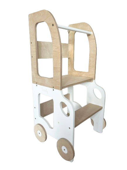 Køkkentrappe / montessori-læringstårn: bord, stol og trappe i ét til barn, hvid og naturfarvet