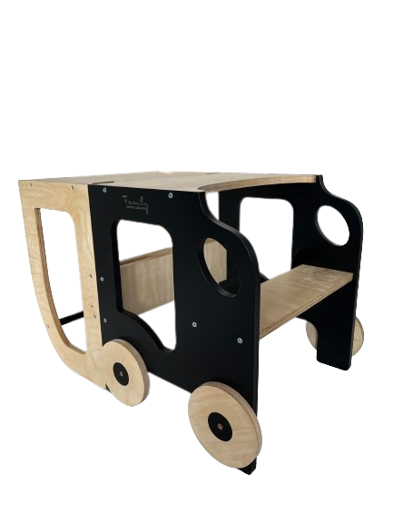 Køkkentrappe / montessori-læringstårn: bord, stol og trappe i ét til barn, sort og naturfarvet