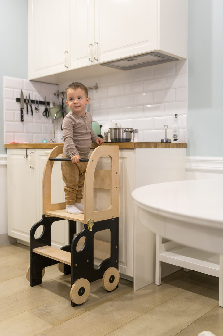 Køkkentrappe / montessori-læringstårn: bord, stol og trappe i ét til barn, sort og naturfarvet