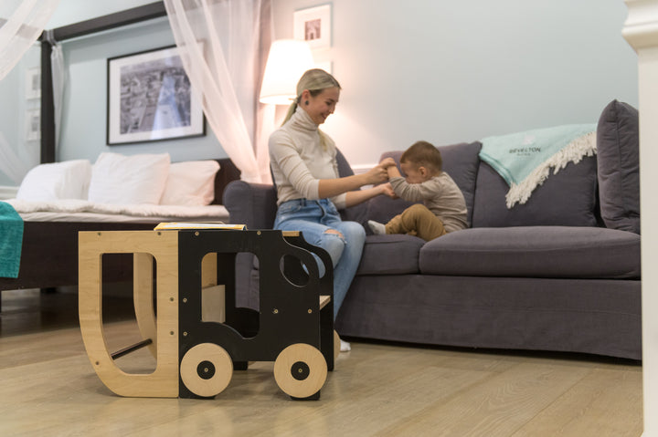 Køkkentrappe / montessori-læringstårn: bord, stol og trappe i ét til barn, sort og naturfarvet