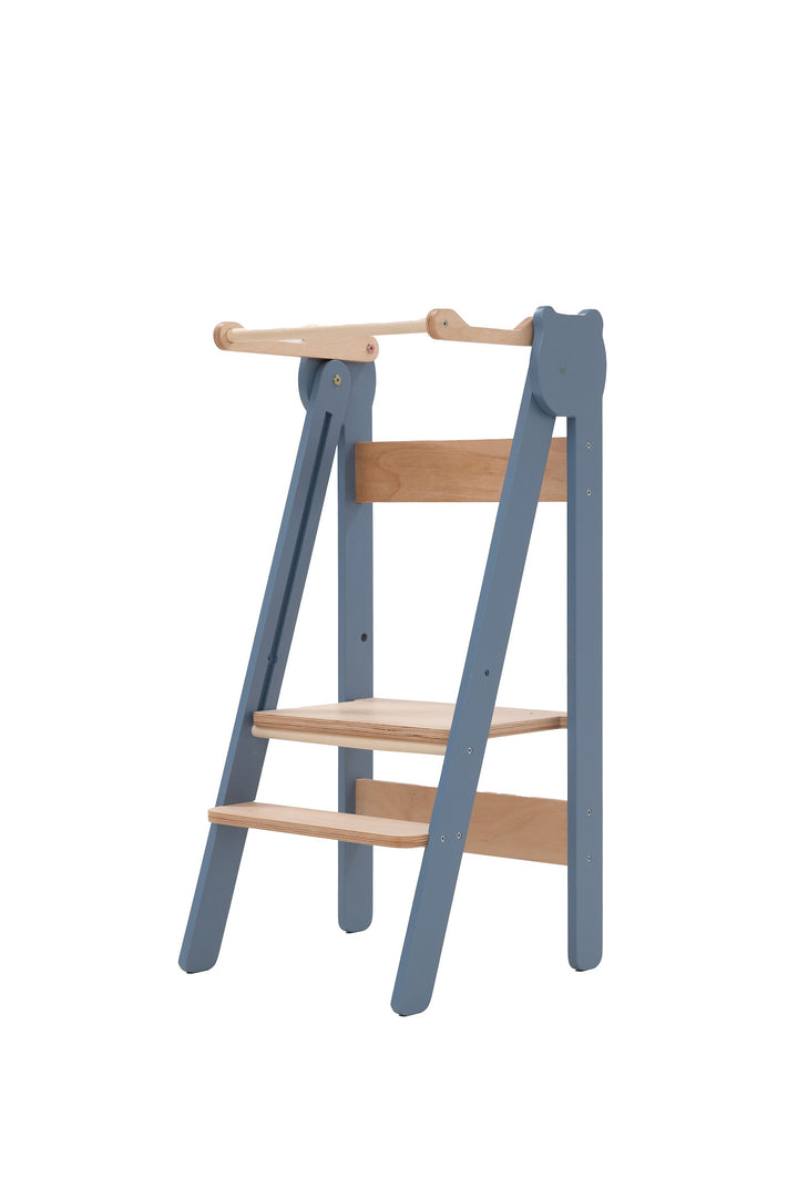 Trin-skammel til barn, støvet blå med naturfarve