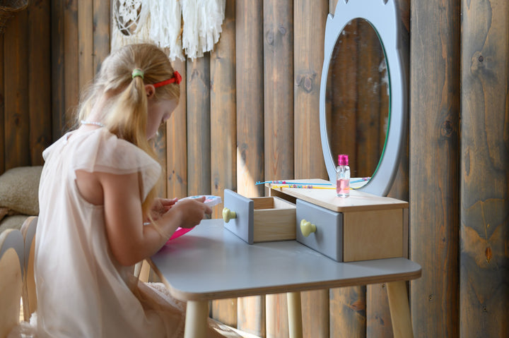 Sminkebord til barn, grå og naturfarvet