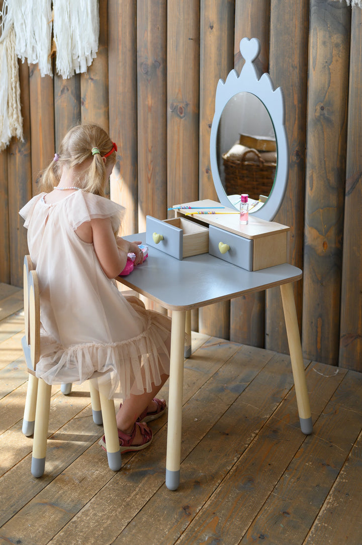 Sminkebord til barn, grå og naturfarvet
