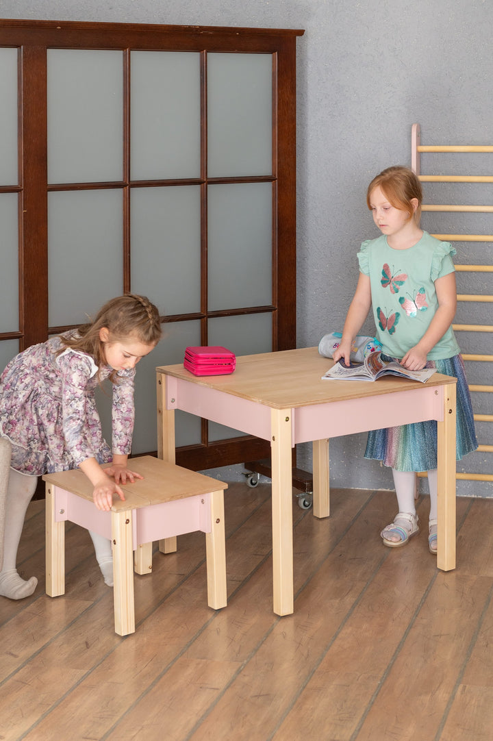 Sæt med smart opbevaringsbord og stol, pink og naturfarvet